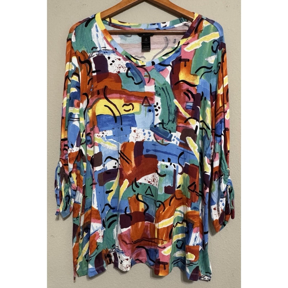 Ali Miles Women's 1X Tunic Top Art To Wear Colorful Fun Abstract Stretch Rayon